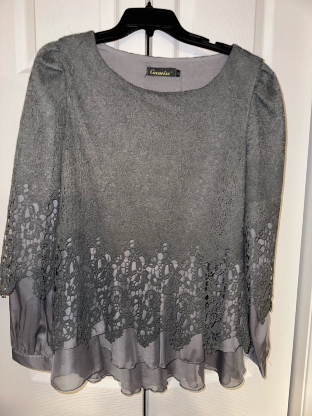Gray Lace-Trim Overlay Women's Top